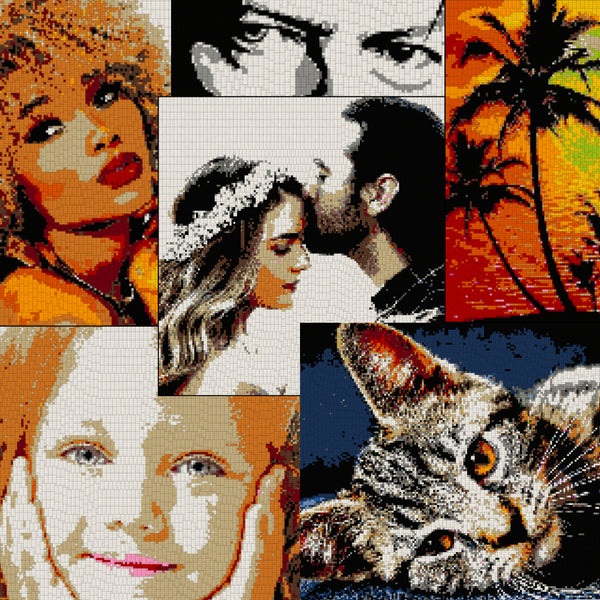 Collection of colorful Custom Brick Mosaics of different designs, showing a selfie of a young woman, a pair of eyes, a wedding couple, a selfie of a young girl, a cat portrait and palm trees at sundown. 