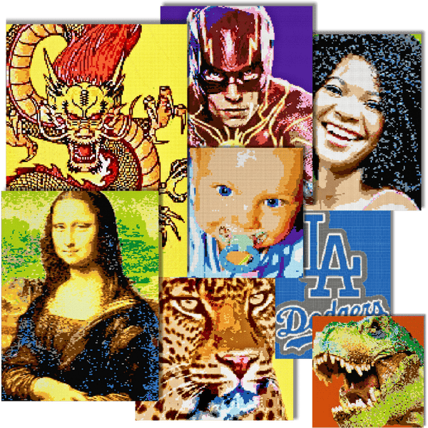 Set of Brick Mosaic Art pieces showing Michelangelo's Mona Lisa, a T-Rex Dinosaurs, The Flash, a Dragon, a baby, the LA Dodgers Logo