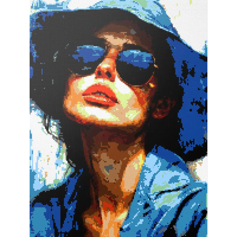 A colorful mosaic portrait of a woman wearing a blue hat and sunglasses.