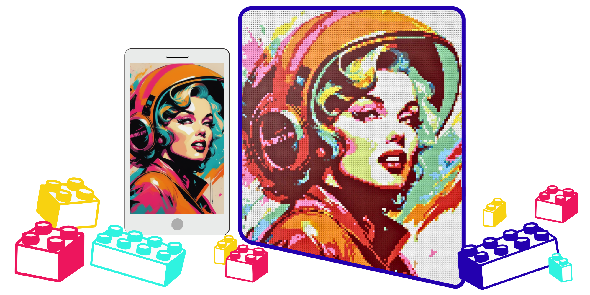 Colorful tablet case with astronaut design and small toy blocks on a white background