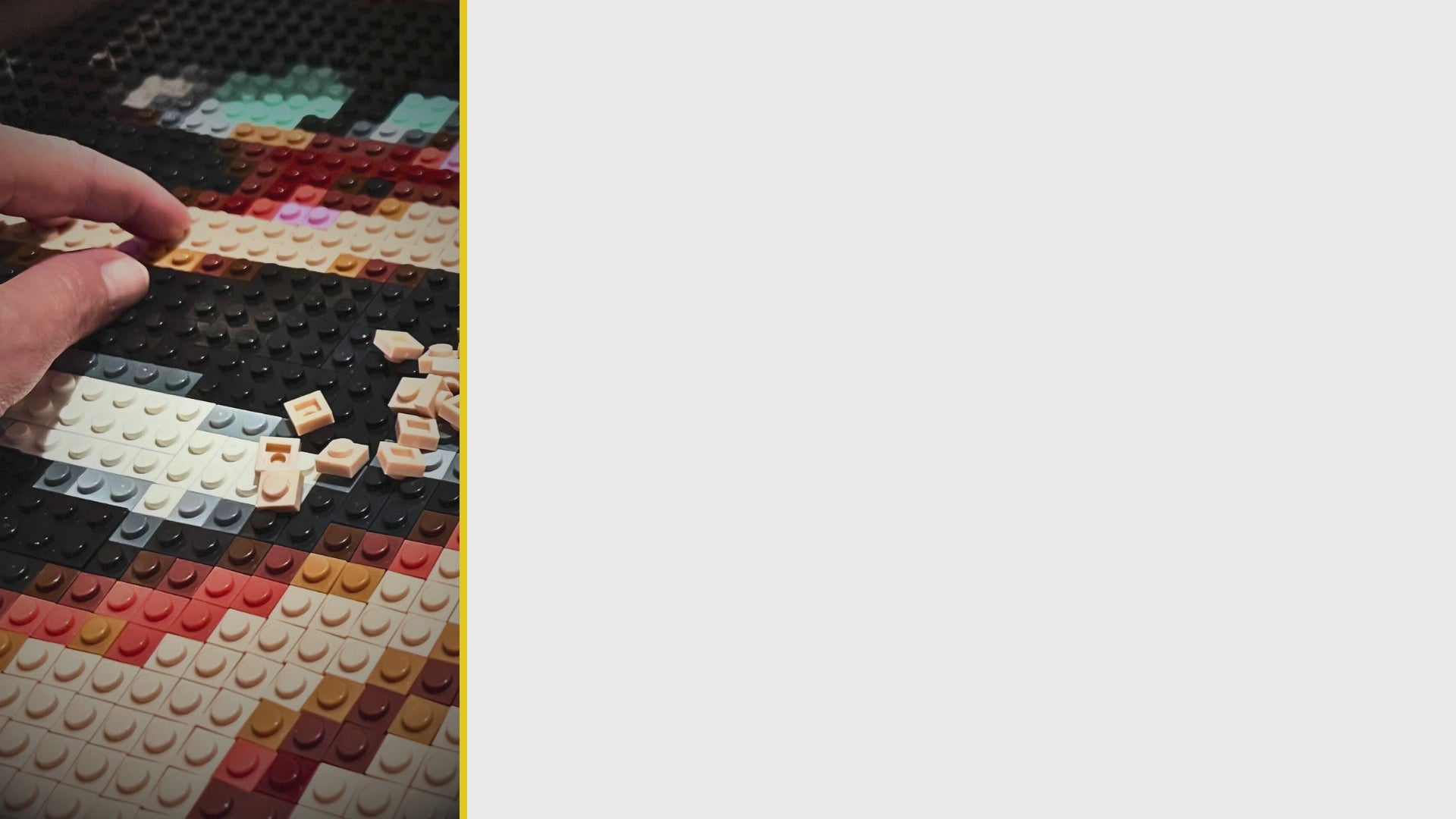 Video showing pictures of impressive brick mosaic artwork hanging on  a wall