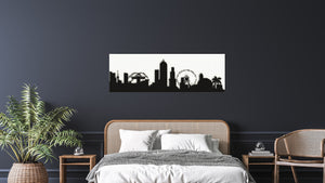 Bedroom with black & white 180x60 studs Relief brick mosaic art upon the dark wall illustrating cityscape of Los Angeles